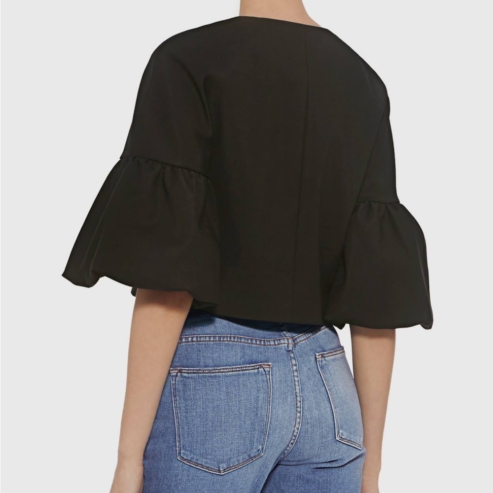 Tibi Agathe Zip Front Balloon Sleeve Cropped Top, Black - Picture 3 of 11